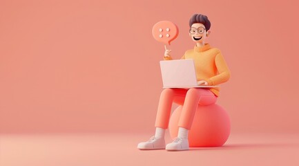 3D character sitting on the laptop, smiling and talking with bubble speech.