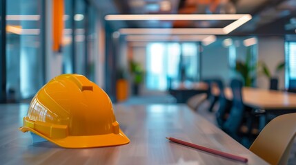 A yellow hard hat sits on a table in a modern office setting, with a pencil and a blurred background.
