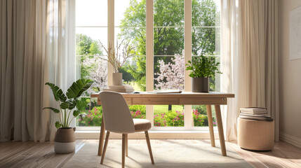 Fototapeta premium A serene home office featuring a wooden desk and chair, large windows with a view of a lush garden, and indoor plants. Bright Home Office with Garden View