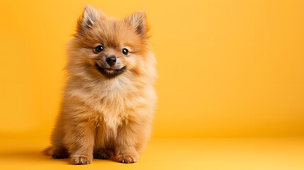 Obraz premium dog puppy cute looking towards camera on yellow background