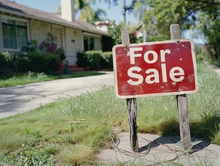 Mock-up empty yard sign placed in front of a house, demonstrating its application as a "For Sale"  - ai