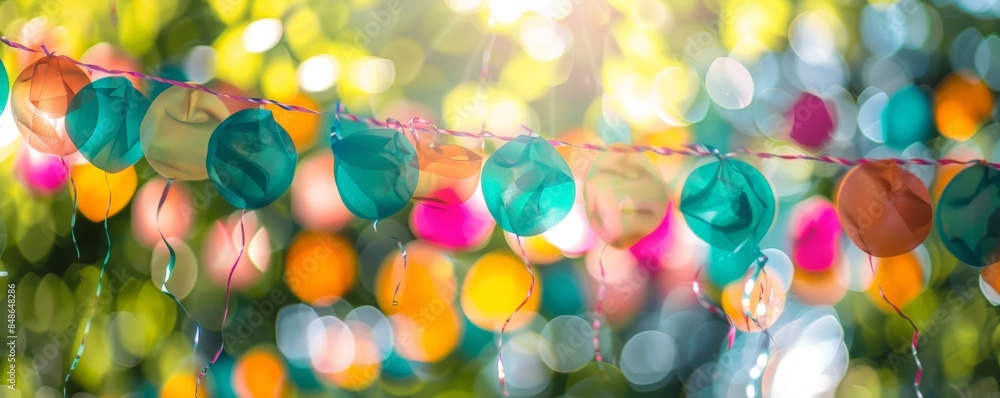 Poster abstract colorful bokeh background with green foliage.