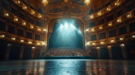 Blue stage curtain with spotlights, concert lighting beams, empty auditorium background, entertainment industry, stage design, theatrical ambiance, theater stage art concept..