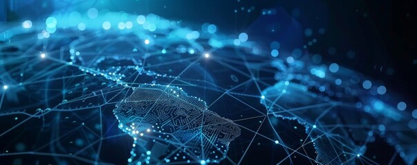 Abstract digital world map with glowing blue lines and dots.