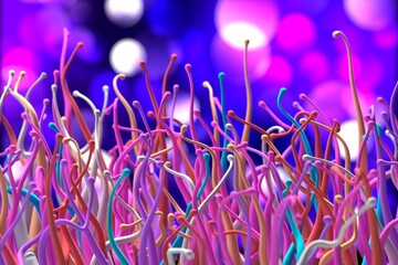 Abstract background of glowing multicolor spline life forms on bokeh background. 3D rendering