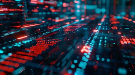 Abstract futuristic digital background with glowing red and blue lines and dots.