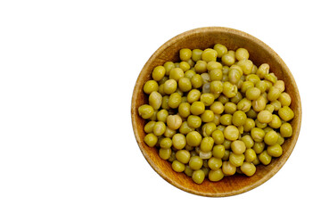 Canned green peas on white background.
