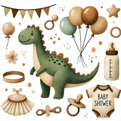 Fototapeta premium dinosaur and baby shower element. earth tone color, watercolor illustration, Perfect for nursery art, simple clipart, single object, white color background.