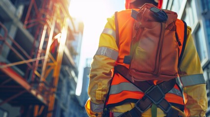 Obraz premium Construction worker in safety vest and harness stands on site, looking towards the sunlit sky.