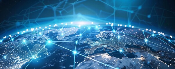 Global network connection concept with glowing lines and dots over world map.