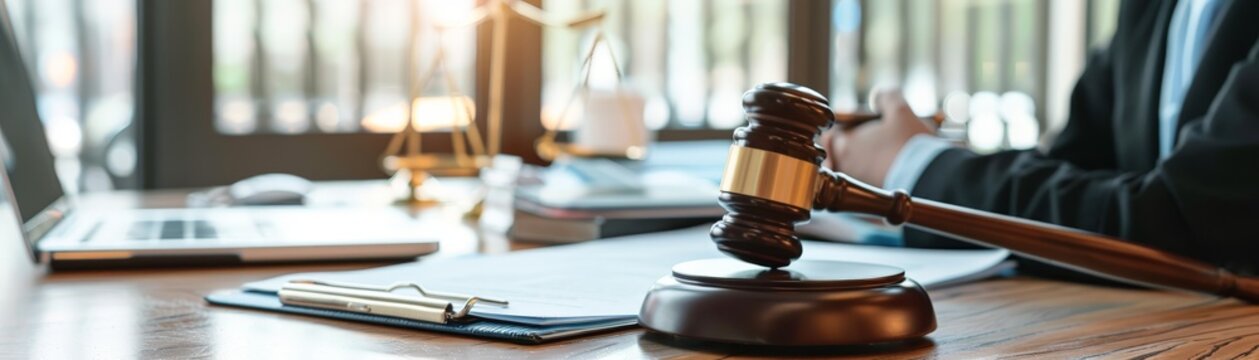 Gavel on a wooden table with legal documents.