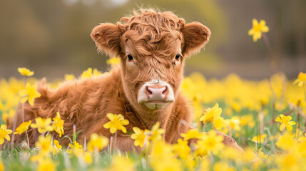 Cute Baby Highland Cow on Vase Spring Flowers, generative Ai