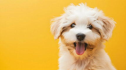 dog puppy cute looking towards camera on yellow background