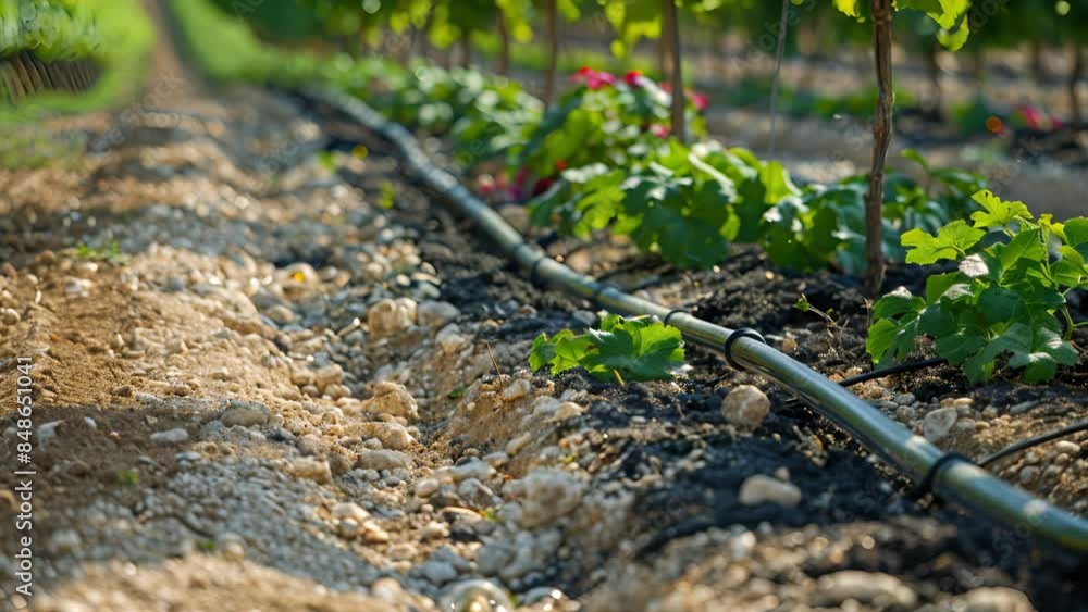 Poster a drip irrigation system installed on the side of a hill allowing for efficient watering of crops on