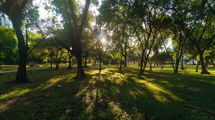 Obraz premium Stunning Wide-Angle View of a Beautiful Green Park with Lush Trees and Radiant Sunlight in High Resolution. Serene Nature Landscape Perfect for Outdoor Enthusiasts and Tranquil Escapes.