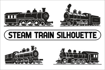  Old Steam locomotive set. vintage train vector Bundle illustration. silhouette of the old train. vintage steam locomotive Bundle. © MdNayab