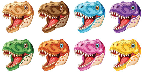 Eight vibrant dinosaur heads in various colors