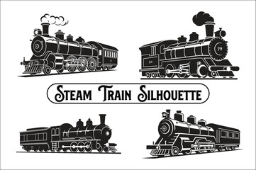 Old Steam locomotive set. vintage train vector Bundle illustration. silhouette of the old train. vintage steam locomotive Bundle.