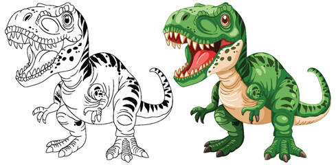 Green dinosaur with outline version side by side