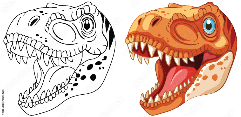 Sticker illustration of dinosaur heads in color and black-and-white