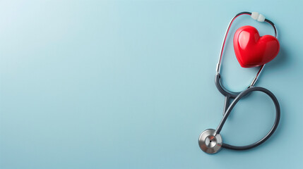 Stethoscope and red heart on light blue background, top view. Space for text