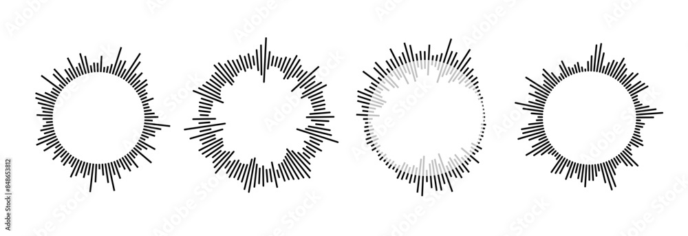 Poster radial sound wave pattern set. circular audio, music or voice icon collection. round wavy equalizer 