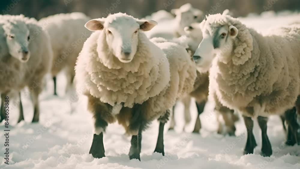 Poster sheep in snowy field generative ai