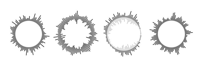 Radial sound wave pattern set. Circular audio, music or voice icon collection. Round wavy equalizer spectrum symbol pack. Black circle sunburst bundle. Vector soundwave element illustration