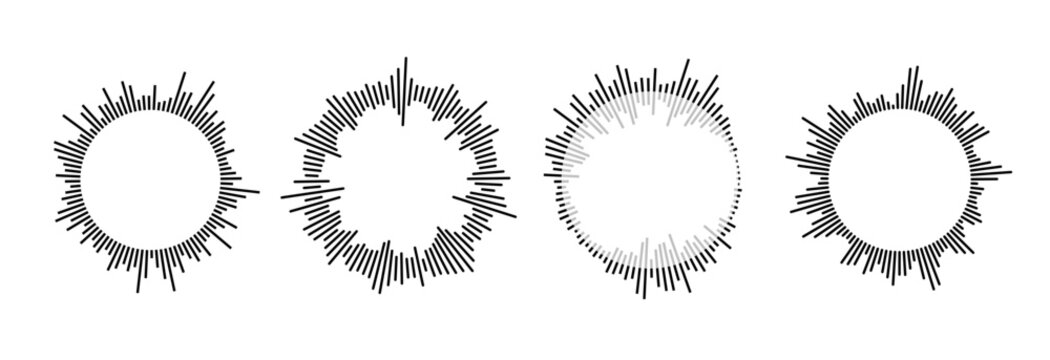 Radial sound wave pattern set. Circular audio, music or voice icon collection. Round wavy equalizer spectrum symbol pack. Black circle sunburst bundle. Vector soundwave element illustration