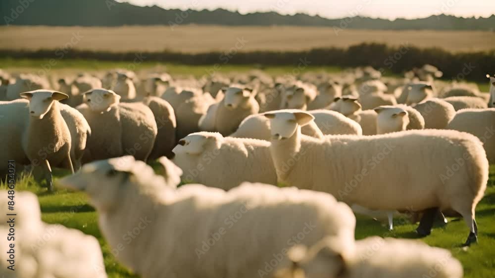 Poster flock of sheep grazing in a field generative ai