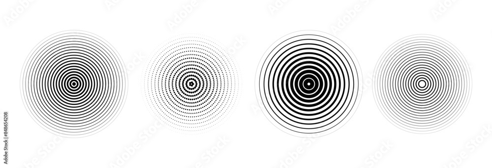Aufkleber black concentric circle set. sonar or sound wave ring collection. halftone and linear epicentre, tar