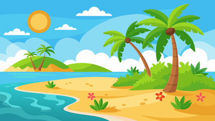 Fototapeta na wymiar summer beach scene with palm trees, green grass and orange flowers, a yellow sky with clouds.