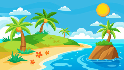 summer beach scene with palm trees, green grass and orange flowers, a yellow sky with clouds.