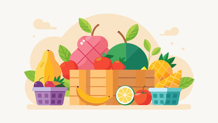 Fruits in a basket and boxes vector svg