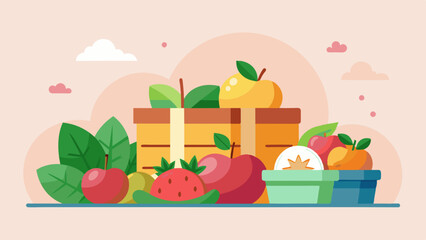 Fruits in a basket and boxes vector svg