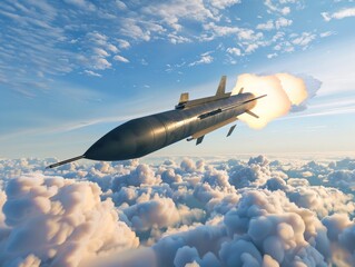 Fototapeta premium a military missile in flight against the sky. warhead, atomic bomb, chemical weapon - ai