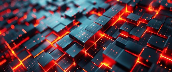 Fototapeta premium Abstract Hi-Tech Background with Rectangular Shapes and Lines: 3D Rendering of Data Flow and Geometric Forms in Bright, Realistic Colors