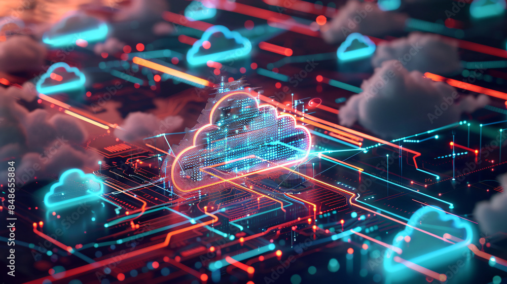 Poster abstract digital cloud computing concept with glowing blue and red lines. perfect for technology, bu