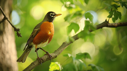 Fototapeta premium American robin perched on a branch with copy space text. Perfect for nature-themed projects, or to represent spring and new beginnings.