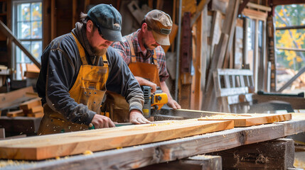 Carpenter cutting wood tree with motor tools, skill handmade furniture.