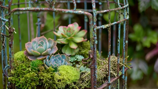 An old birdcage with the door removed and lined with moss now makes for a whimsical planter for small succulents.