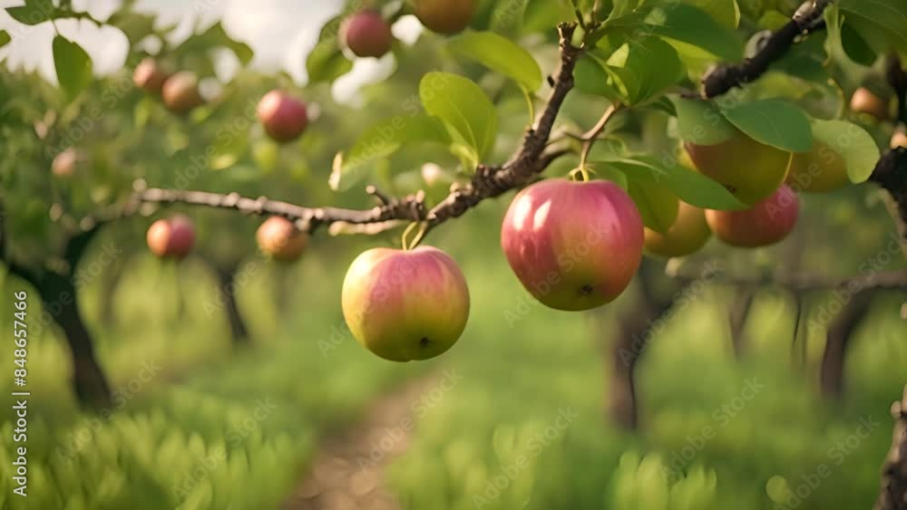 Aufkleber ripe apples on a branch in an orchard generative ai