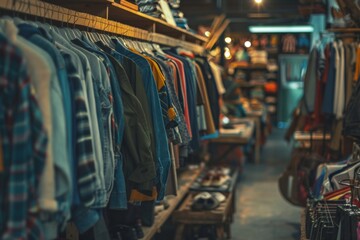 European secondhand. Store with clothes and books organized on shelves for customers