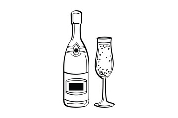 Champagne Bottle with Glass on Sketch Vector 