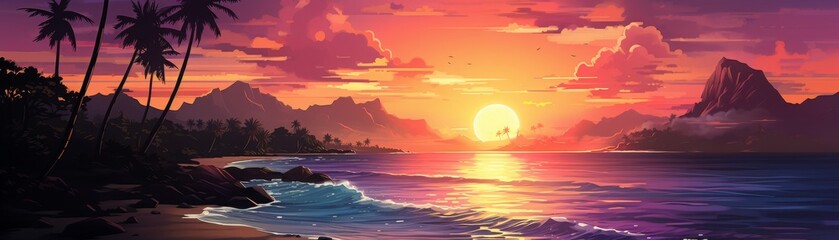 The setting sun casts a golden glow on the ocean and beach. The palm trees are silhouetted against the sky.