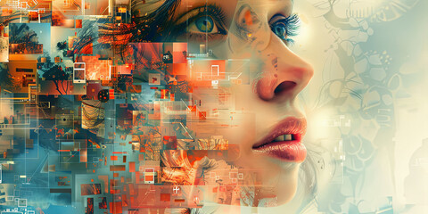 Tech Face Collage with Digital Elements and Futuristic Design