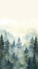 Watercolor green pine forest with foggy mountains in the background