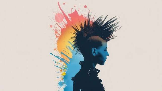 Create a watercolor painting of a woman with a mohawk. The mohawk should be rainbow colored. The background should be a light color. The woman should be facing the viewer.