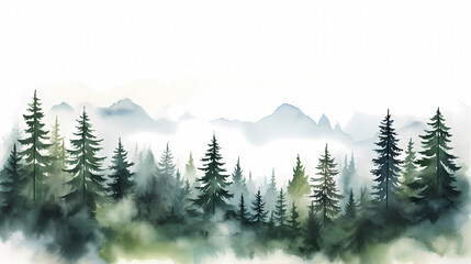 Fototapeta premium Watercolor green pine forest with foggy mountains in the background