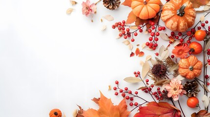 Fototapeta premium Autumn composition. Dried leaves, pumpkins, flowers, rowan berries on white background. Autumn, fall, halloween, thanksgiving day concept. Flat lay, top view, copy space. 